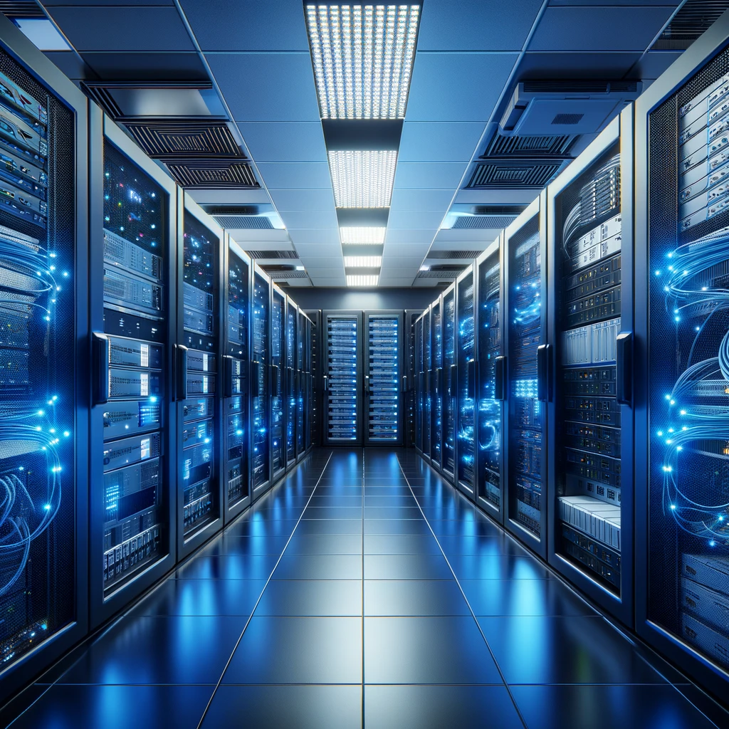 DALL·E 2024-04-13 15.20.48 - A modern data center interior showing rows of server racks filled with various servers and networking equipment. The scene is illuminated by blue LED