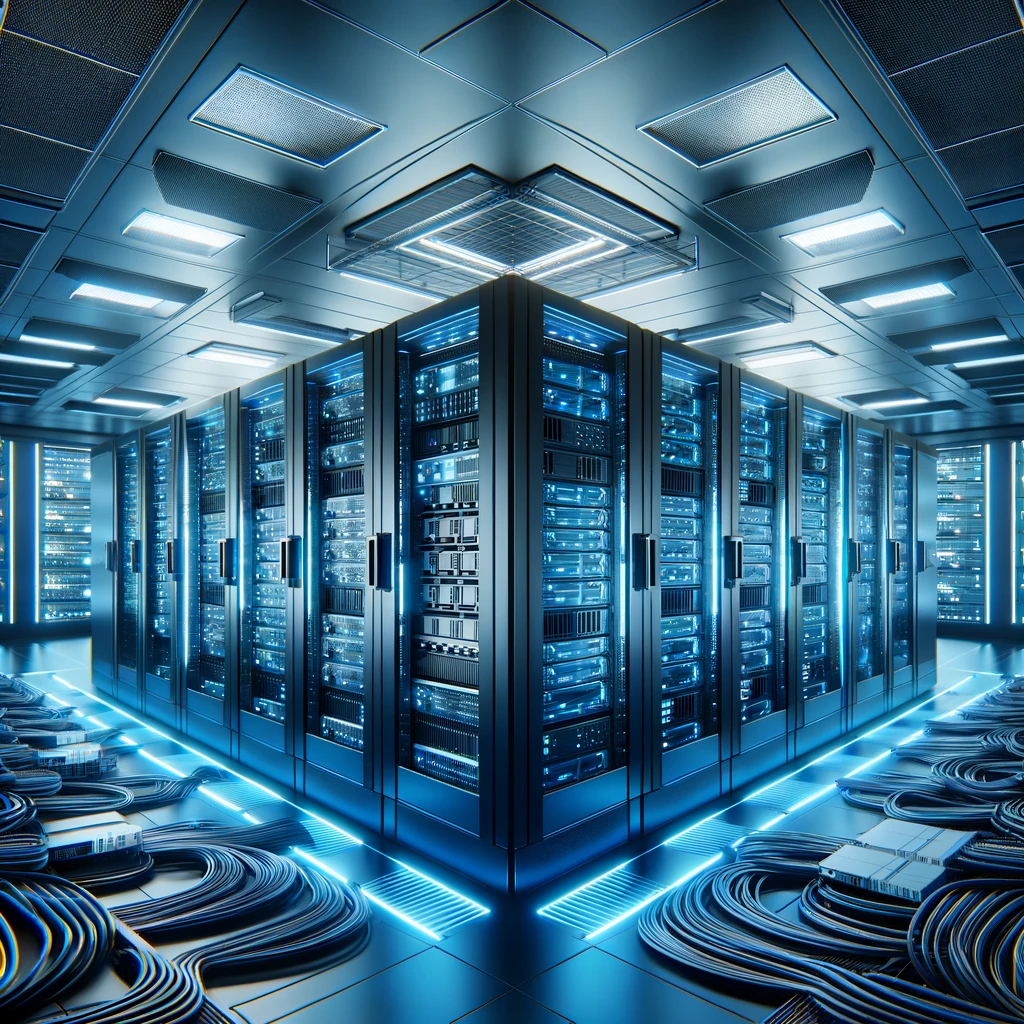 DALL·E 2024-04-13 15.23.26 - A modern data center interior showing rows of server racks filled with various servers and networking equipment. The scene is illuminated by blue LED