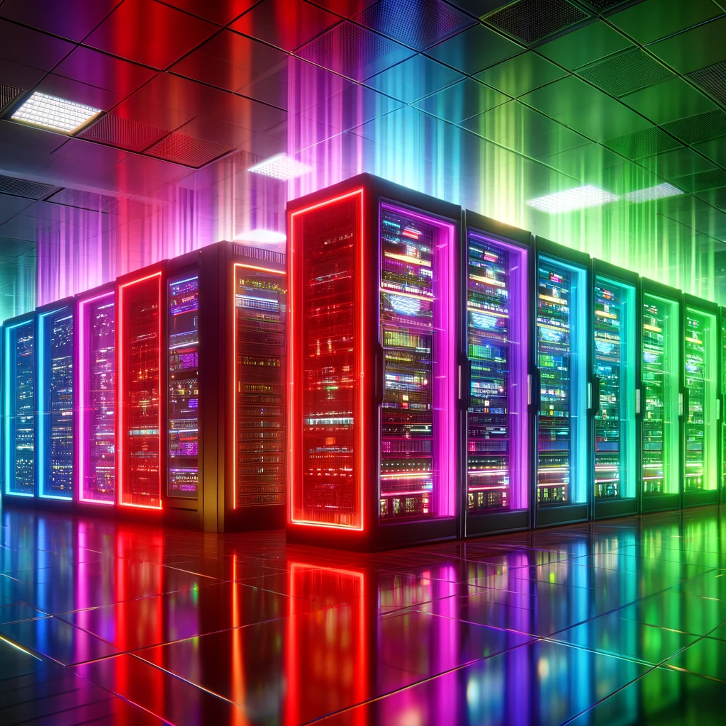 DALL·E 2024-04-13 15.23.31 - A futuristic data center with rows of server racks in a variety of vibrant colors like red, green, and purple. The racks are filled with high-tech ser